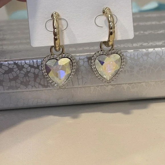 14K Gold Plated Women's Heart Drop Huggie Earrings - Picture 6 of 7